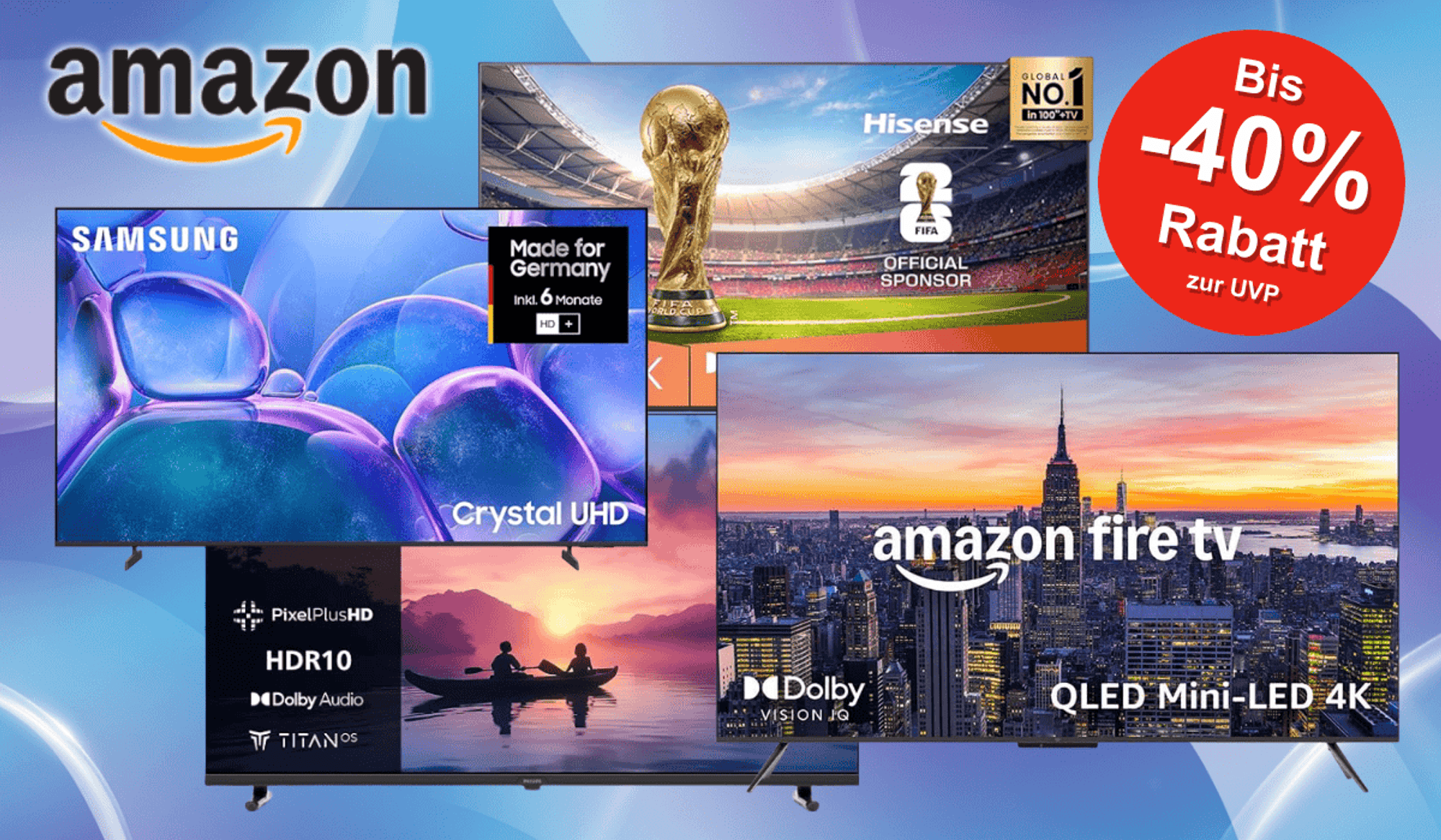Verschiedene UHD 4K Smart TVs von Samsung, Amazon Fire TV, Hisense und mehr vor einem hellblauen Hintergrund.