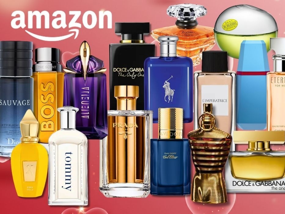 Viele Parfum Flakons von Marken wie Mugler, Boss, Tommy Hilfiger, Diesel, Versace, DKNY, Ralph Lauren und vielen mehr vor rosa Hintergrund mit Herzen.