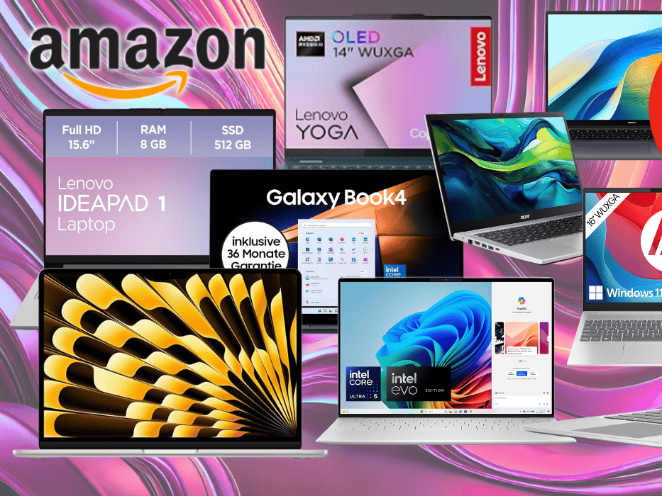 Darstellung verschiedener Laptop Modelle vor einem bunten Hintergrund in Wellen Optik.