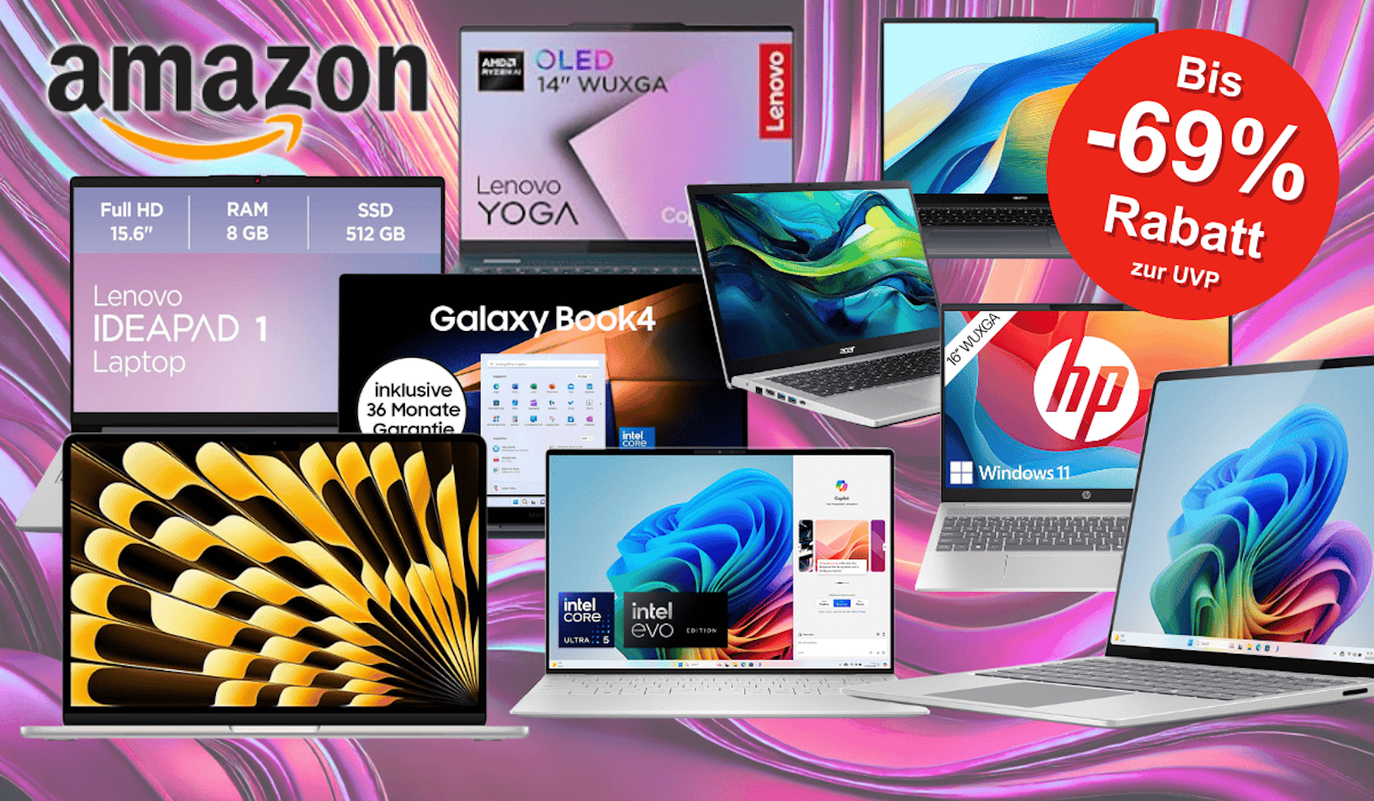 Darstellung verschiedener Laptop Modelle vor einem bunten Hintergrund in Wellen Optik.
