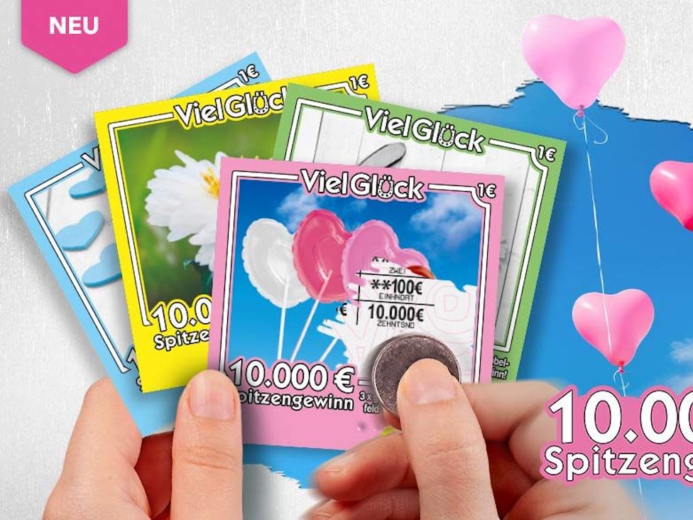 Ein Bild von den vier neuen Motiven des WestLotto-Rubbellos Viel Glück