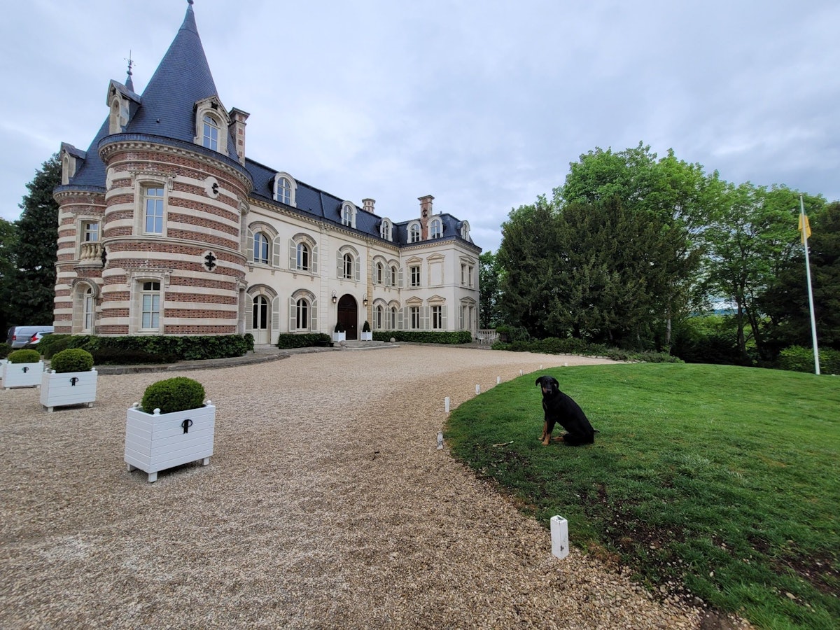 Ein ehrwürdiges Anwesen mit gekiester Einfahrt, rechts sitzt ein schwarzer Hund auf einem englischen Rasen