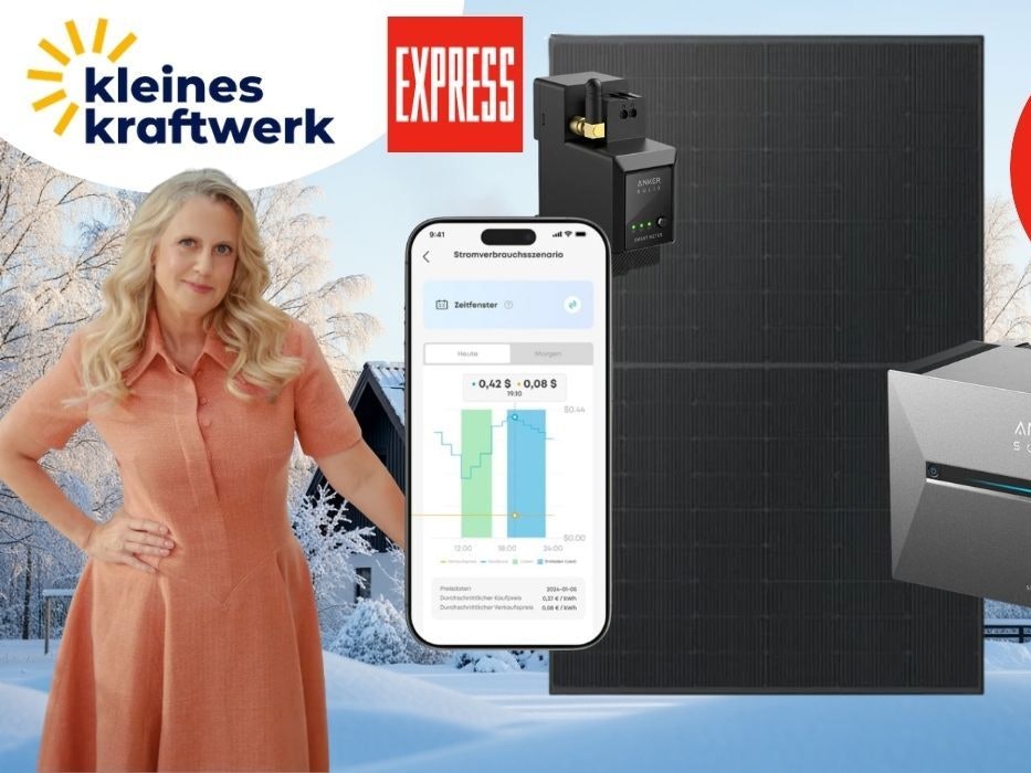 Barbara Schöneberger vor einem Winter-Hintergrund und Kleines Kraftwerk Balkonkraftwerk mit Anker Solix 3 Pro Solarbank und Zubehör.
