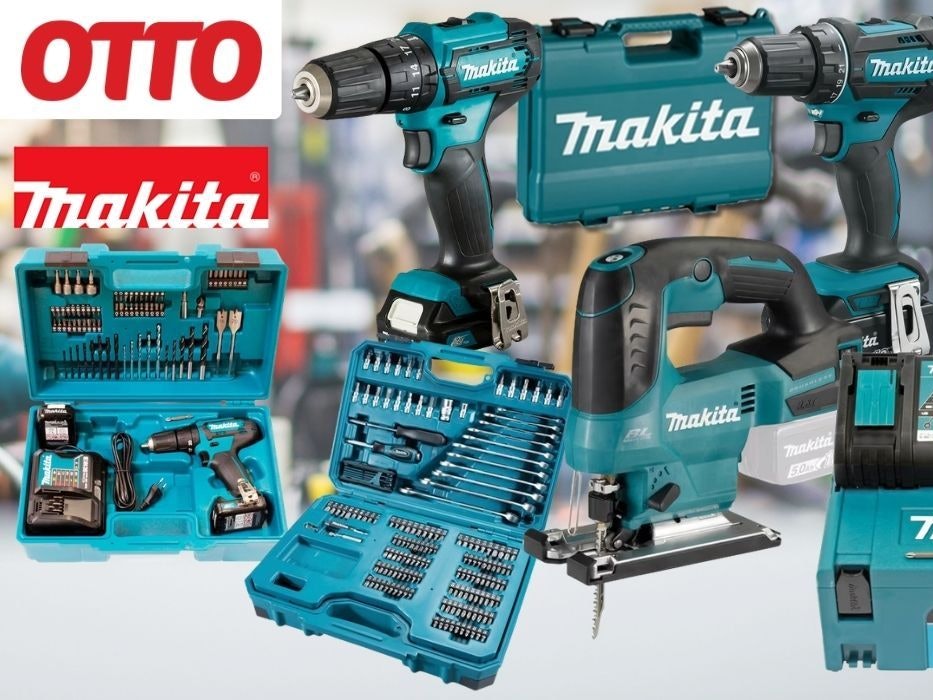 Makita-Werkzeug, darunter Akku-Bohrschrauber, Werkzeugkoffer und Sägen vor einem unscharfen Werkstatthintergrund.