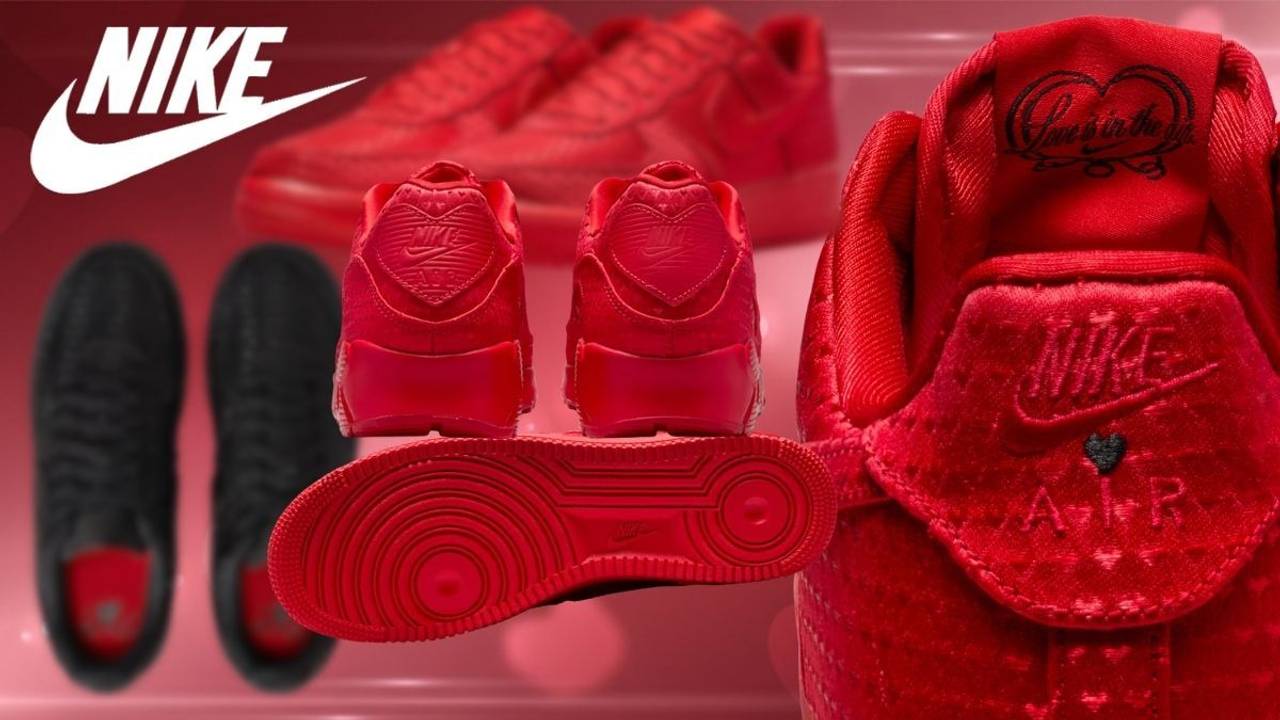 Nike Valentinstag-Sneaker in Rot mit Herzakzenten und spezieller Textur im Detail.