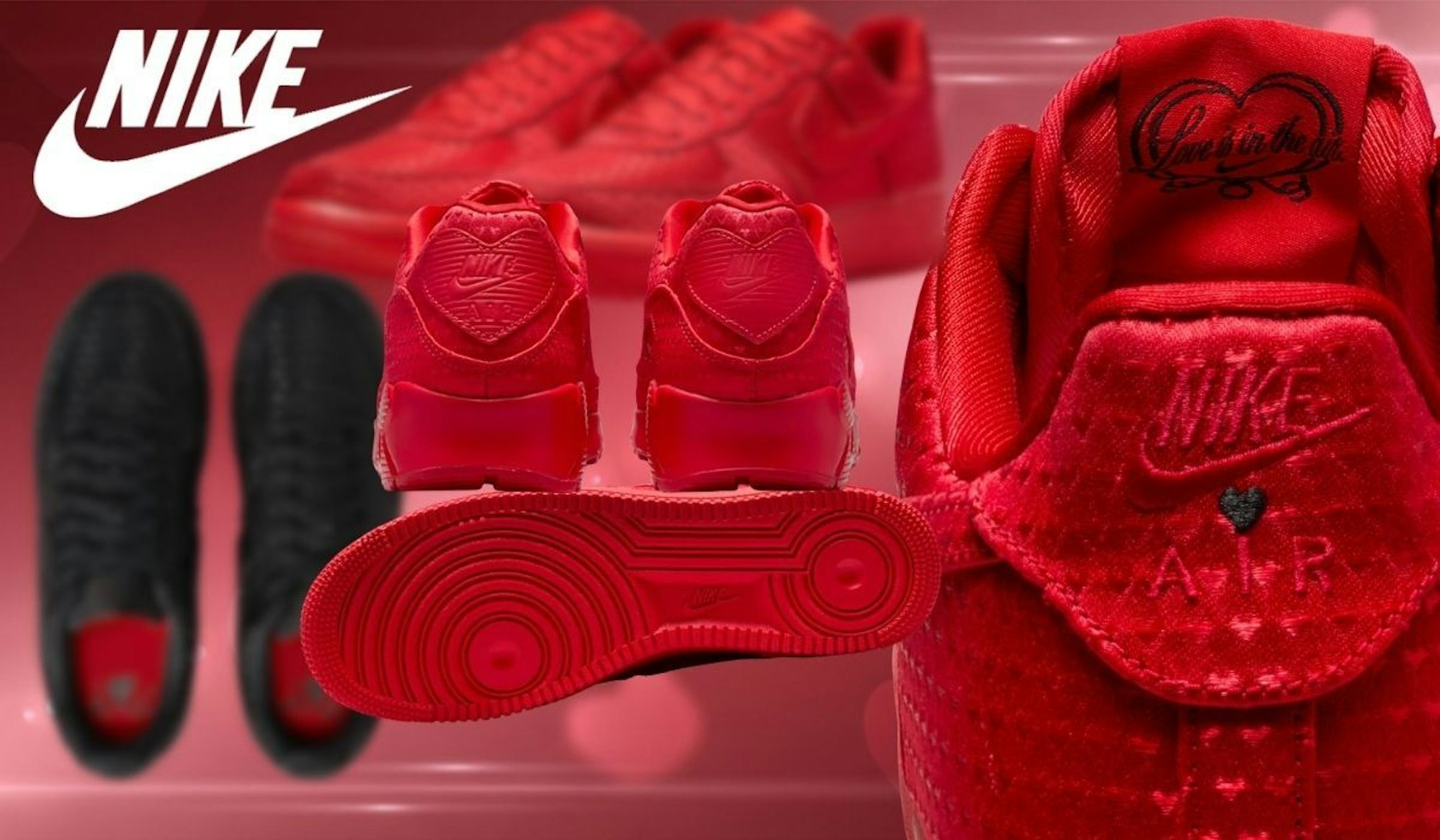 Nike Valentinstag-Sneaker in Rot mit Herzakzenten und spezieller Textur im Detail.