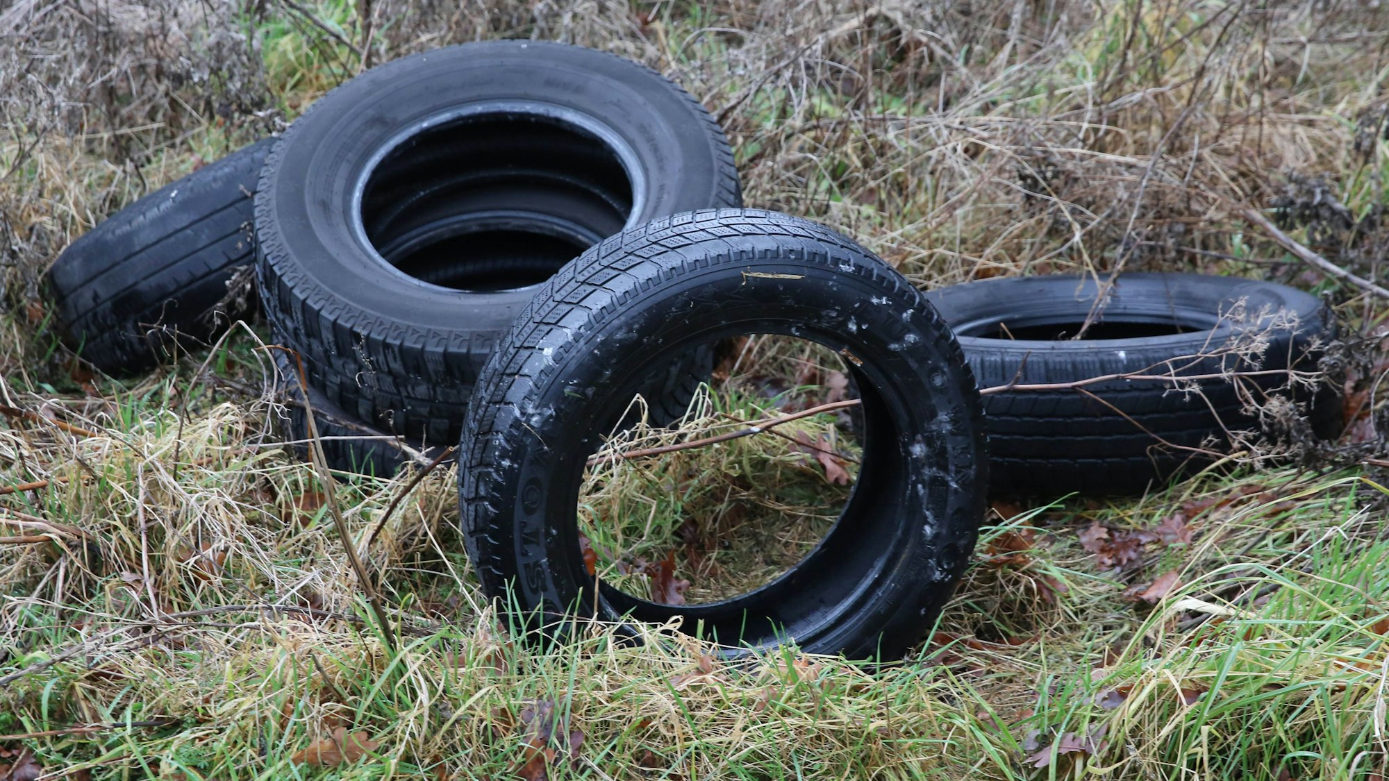 Illegal entsorgte Reifen im Gras