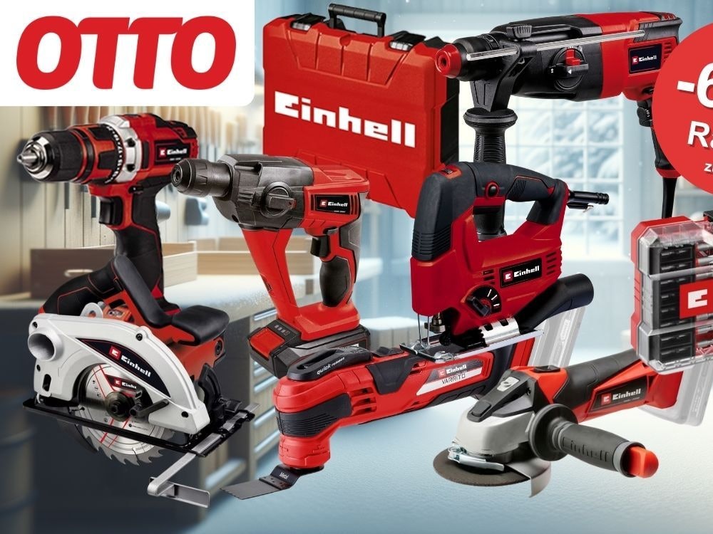 Einhell Werkzeuge wie Akku-Bohrschraubern, Winkelschleifern, Stichsägen, Kreissägen und Zubehör vor einem Hintergrund einer Winter-Werkstatt mit Werkzeug und verschneiter Atmosphäre.