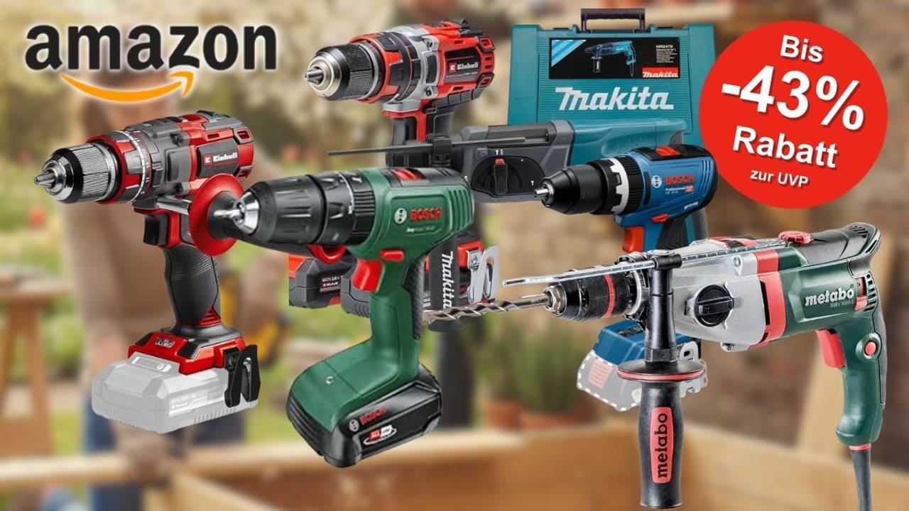 Bohrmaschinen und Bohrschrauber von Marken wie Bosch Professional, Makita, Einhell, Metabo und Bosch Home and Garden.