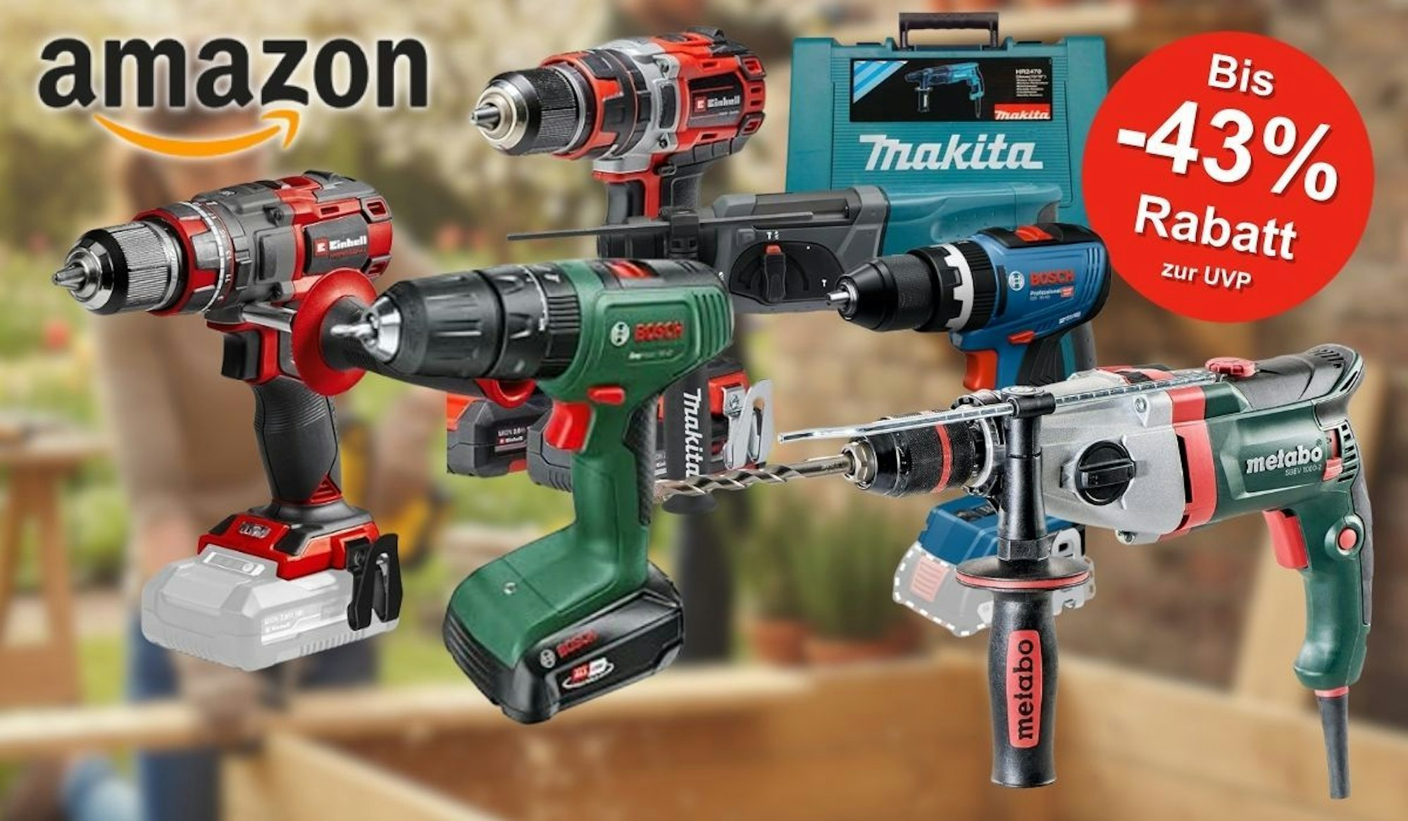 Bohrmaschinen und Bohrschrauber von Marken wie Bosch Professional, Makita, Einhell, Metabo und Bosch Home and Garden.