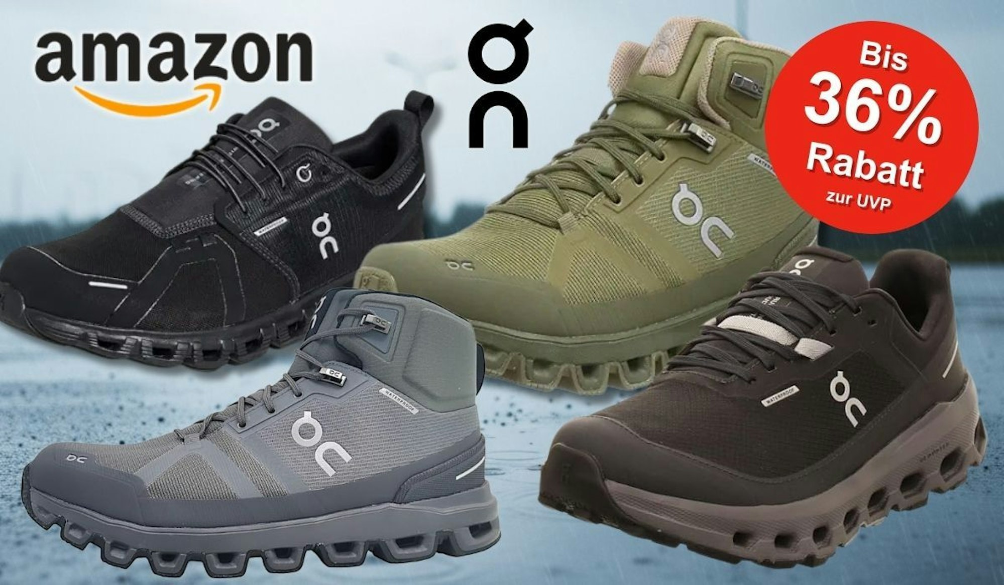 Wasserdichten Modelle der On Sneaker vor einer verregneten Landschaft mit Pfützen.