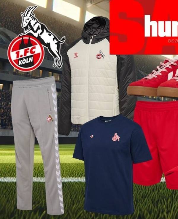 Collage verschiedener 1. FC Köln hummel Fanartikel im Stadion, darunter Trikot, Jacke, Trainingshose, Shirt, Sneaker, Handschuhe, Cap und Ball, mit großem SALE-Hinweis und bis zu 50 Prozent Rabatt.