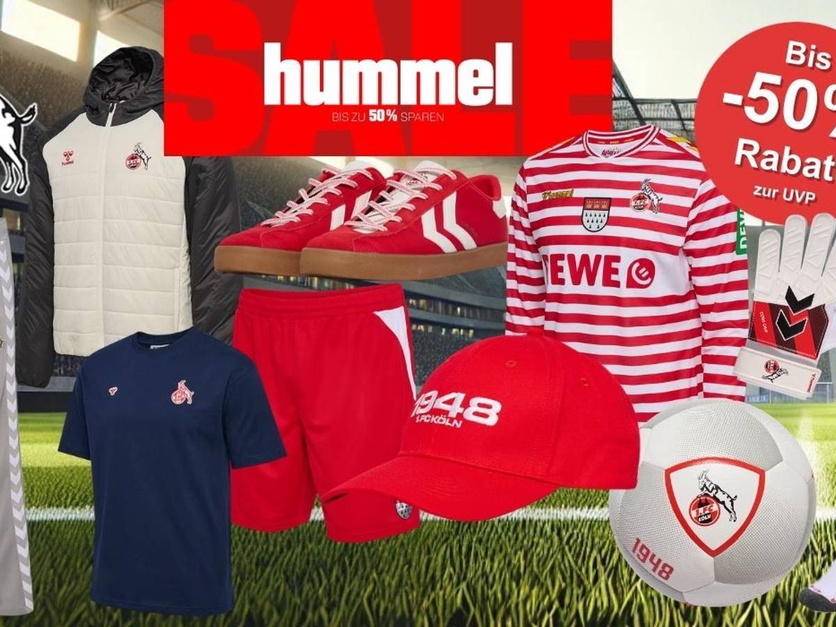 Collage verschiedener 1. FC Köln hummel Fanartikel im Stadion, darunter Trikot, Jacke, Trainingshose, Shirt, Sneaker, Handschuhe, Cap und Ball, mit großem SALE-Hinweis und bis zu 50 Prozent Rabatt.