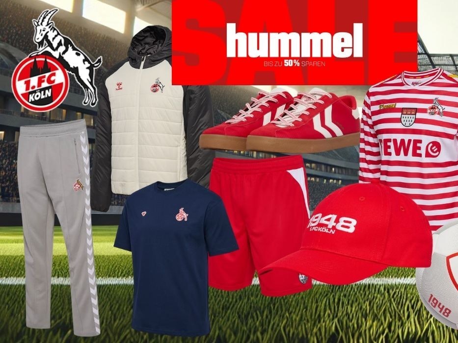 Collage verschiedener 1. FC Köln hummel Fanartikel im Stadion, darunter Trikot, Jacke, Trainingshose, Shirt, Sneaker, Handschuhe, Cap und Ball, mit großem SALE-Hinweis und bis zu 50 Prozent Rabatt.
