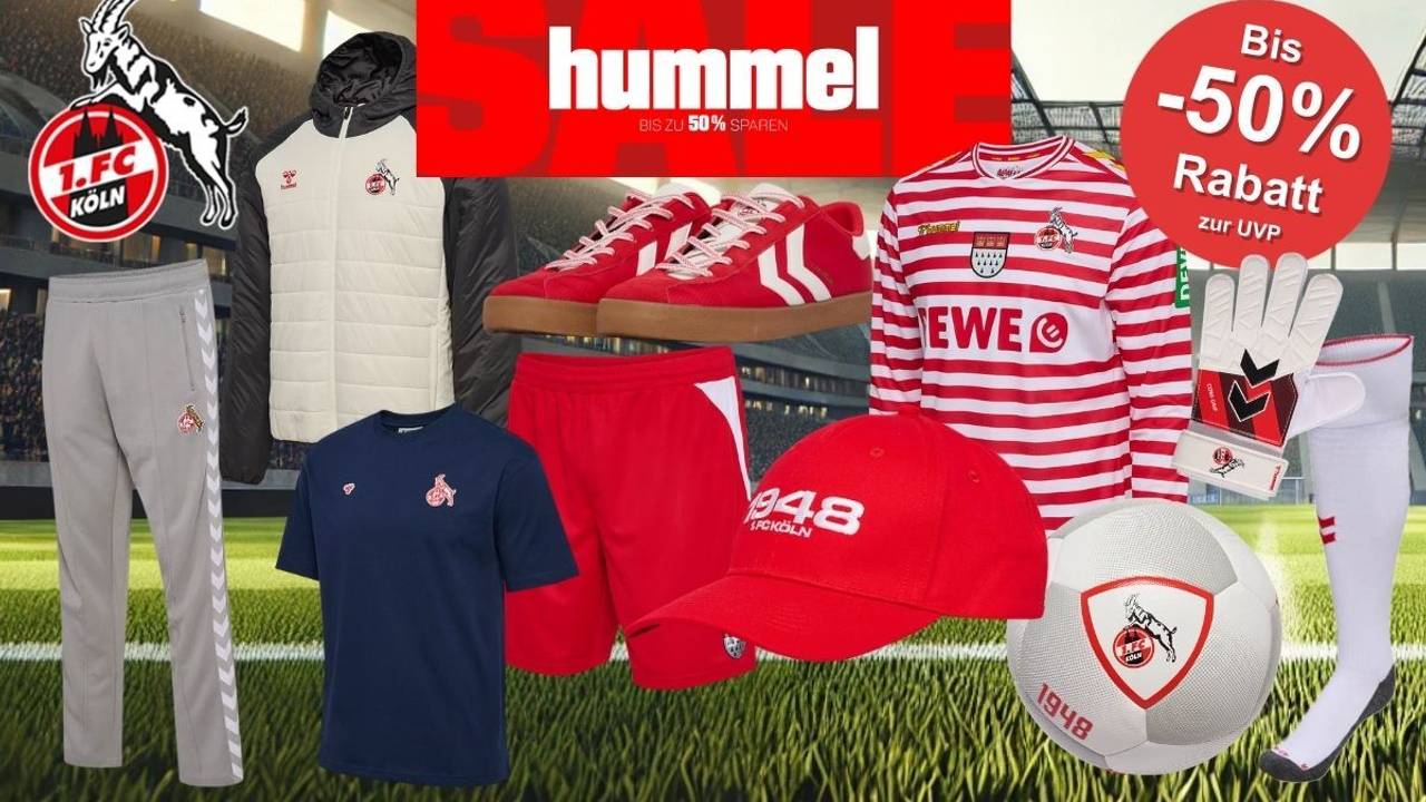 Collage verschiedener 1. FC Köln hummel Fanartikel im Stadion, darunter Trikot, Jacke, Trainingshose, Shirt, Sneaker, Handschuhe, Cap und Ball, mit großem SALE-Hinweis und bis zu 50 Prozent Rabatt.