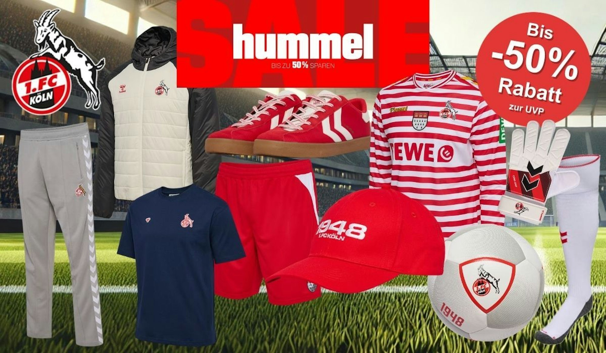 Collage verschiedener 1. FC Köln hummel Fanartikel im Stadion, darunter Trikot, Jacke, Trainingshose, Shirt, Sneaker, Handschuhe, Cap und Ball, mit großem SALE-Hinweis und bis zu 50 Prozent Rabatt.