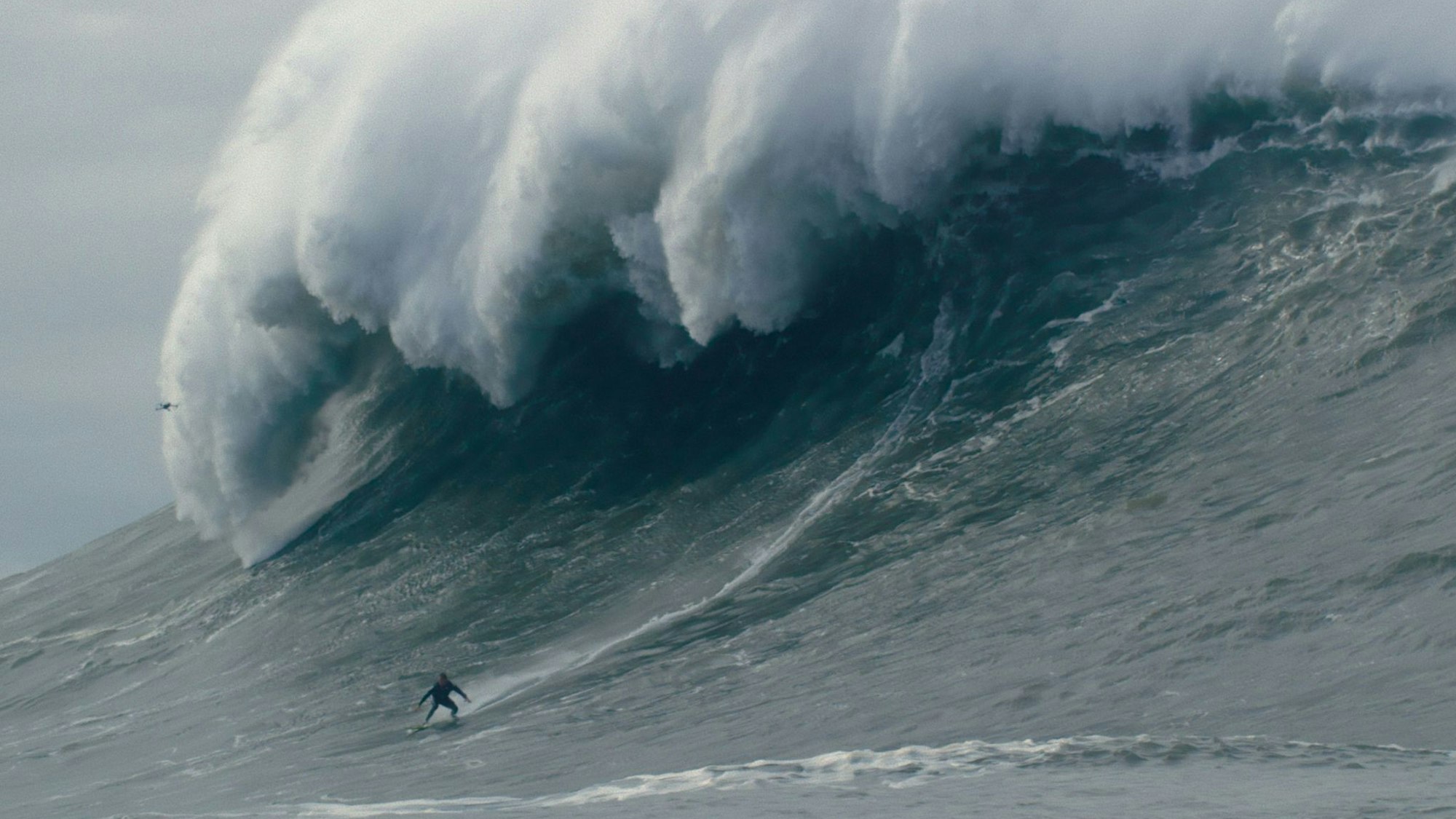 Ein winzigklein aussehender Mann surft vor einer riesigen Welle
