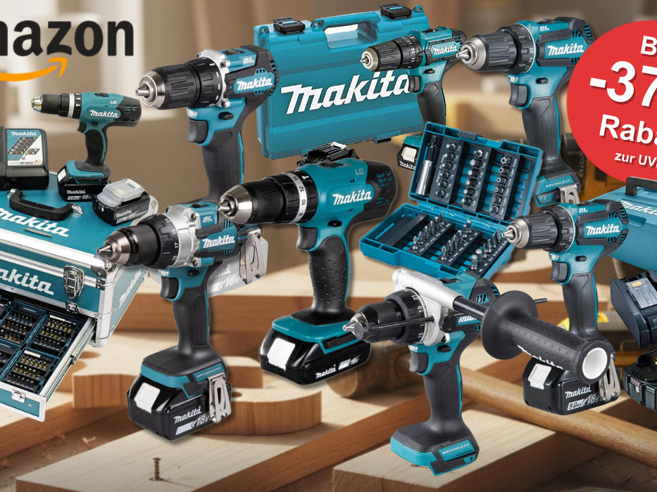 Makita Akku-Bohrschrauber und Akku-Schlagbohrschrauber in Sets und einzeln vor einem Hintergrund einer Werkstatt in weihnachtlichem Ambiente.