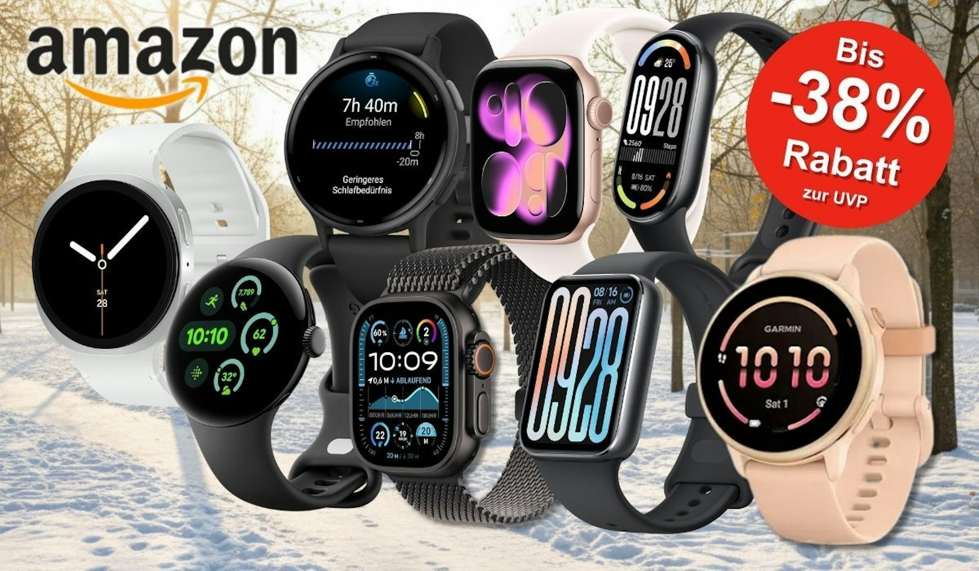 Smartwatches von Apple, Samsung, Garmin, Google, Xiaomi vor einem Stadtpark mit Schneedecke an einem sonnigen Wintermittag.