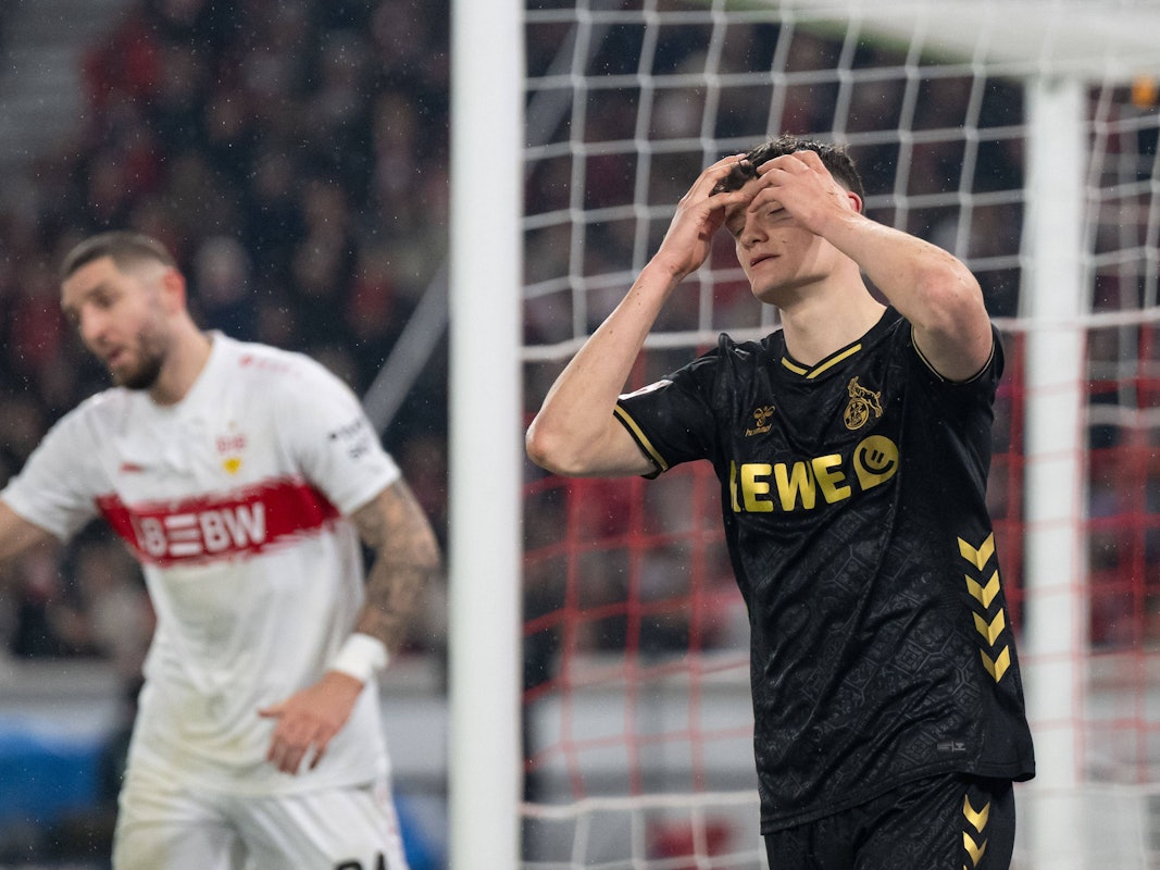 Enttäuschung bei Eric Martel (1. FC Köln) beim 1:3 beim VfB Stuttgart. Links Stuttgarts Jeff Chabot.