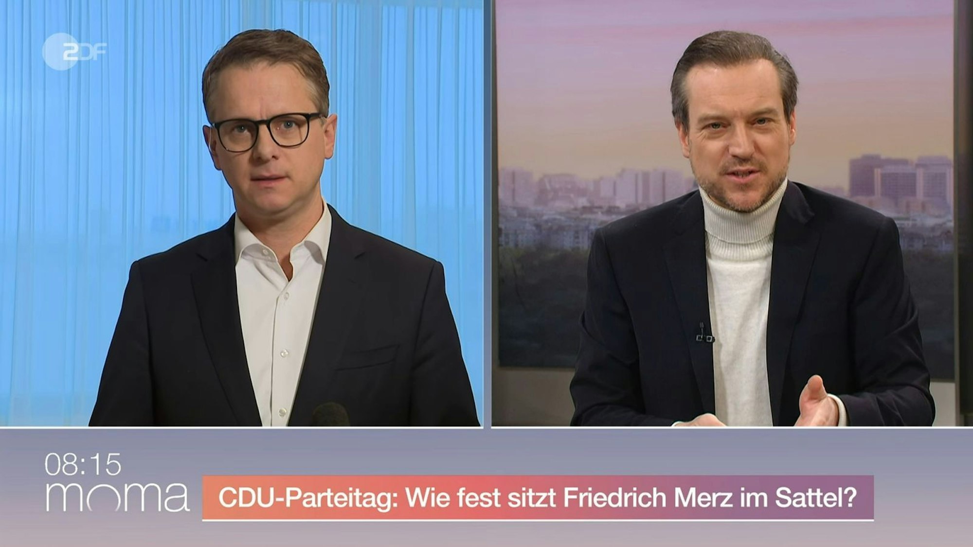 CDU-Generalsekretär Carsten Linnemann (links) war ZDF-“Morgenmagazin“-Moderator Andreas Wunn live vom Parteitag aus Stuttgart zugeschaltet. (Bild: ZDF)