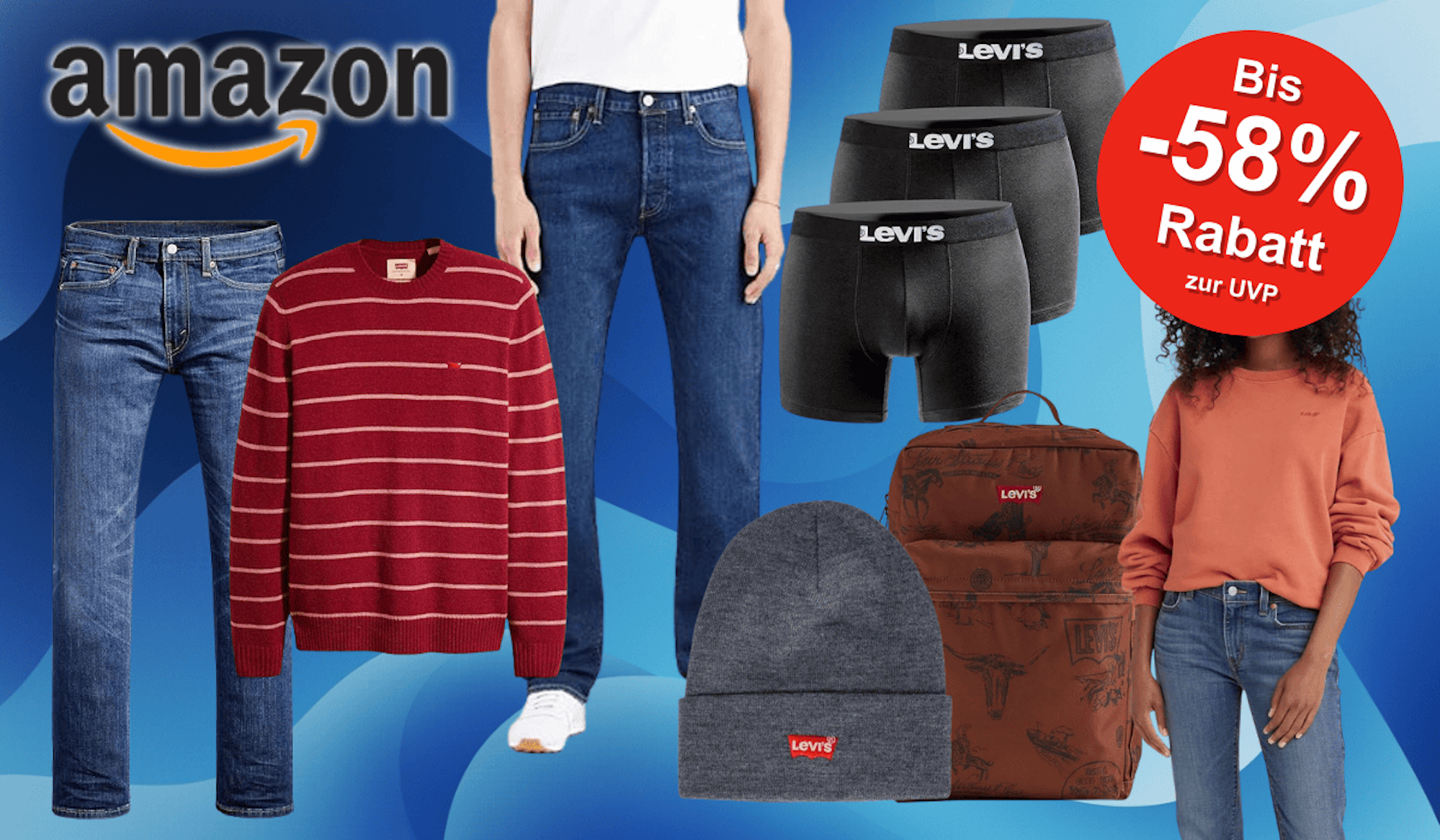 Verschiedene Produktbilder von Levis Jeans, Pullover, Mützen u.v.m.