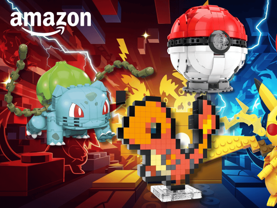 Verschiedene Pokemon Bausteinsets von Pikachu, Bisasam, Glumanda und einem Pokeball vor einem bunten Hintergrund.