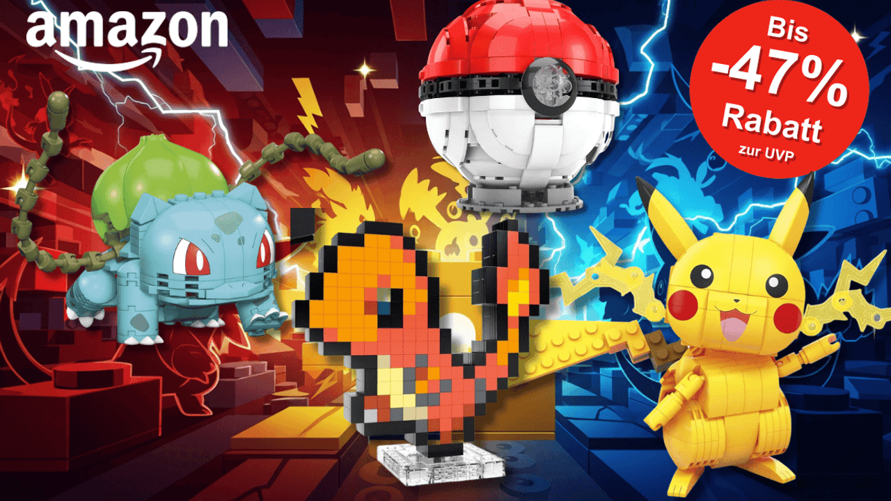 Verschiedene Pokemon Bausteinsets von Pikachu, Bisasam, Glumanda und einem Pokeball vor einem bunten Hintergrund.