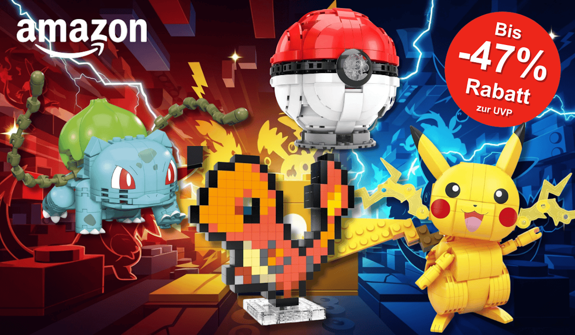 Verschiedene Pokemon Bausteinsets von Pikachu, Bisasam, Glumanda und einem Pokeball vor einem bunten Hintergrund.