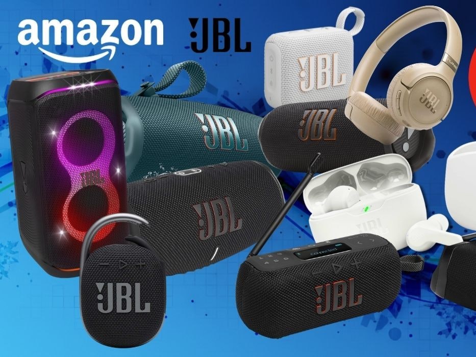 JBL Bluetooth Speaker, Boxen, Lautsprecher und Bluetooth-Kopfhörer wie PartyBox 120, JBL Go 4, JBL Flip 7, JBL Tuner 3, JBL Charge 6, JBL Tune 680 NC oder die JBL Wave Buds 2 vor einem dunkelblauen Hintergrund.
