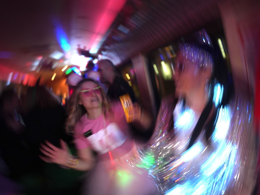 Verkleidete Karnevalisten feiern im Partyabteil im Pappnasen Express auf der Fahrt von Hamburg nach Köln.