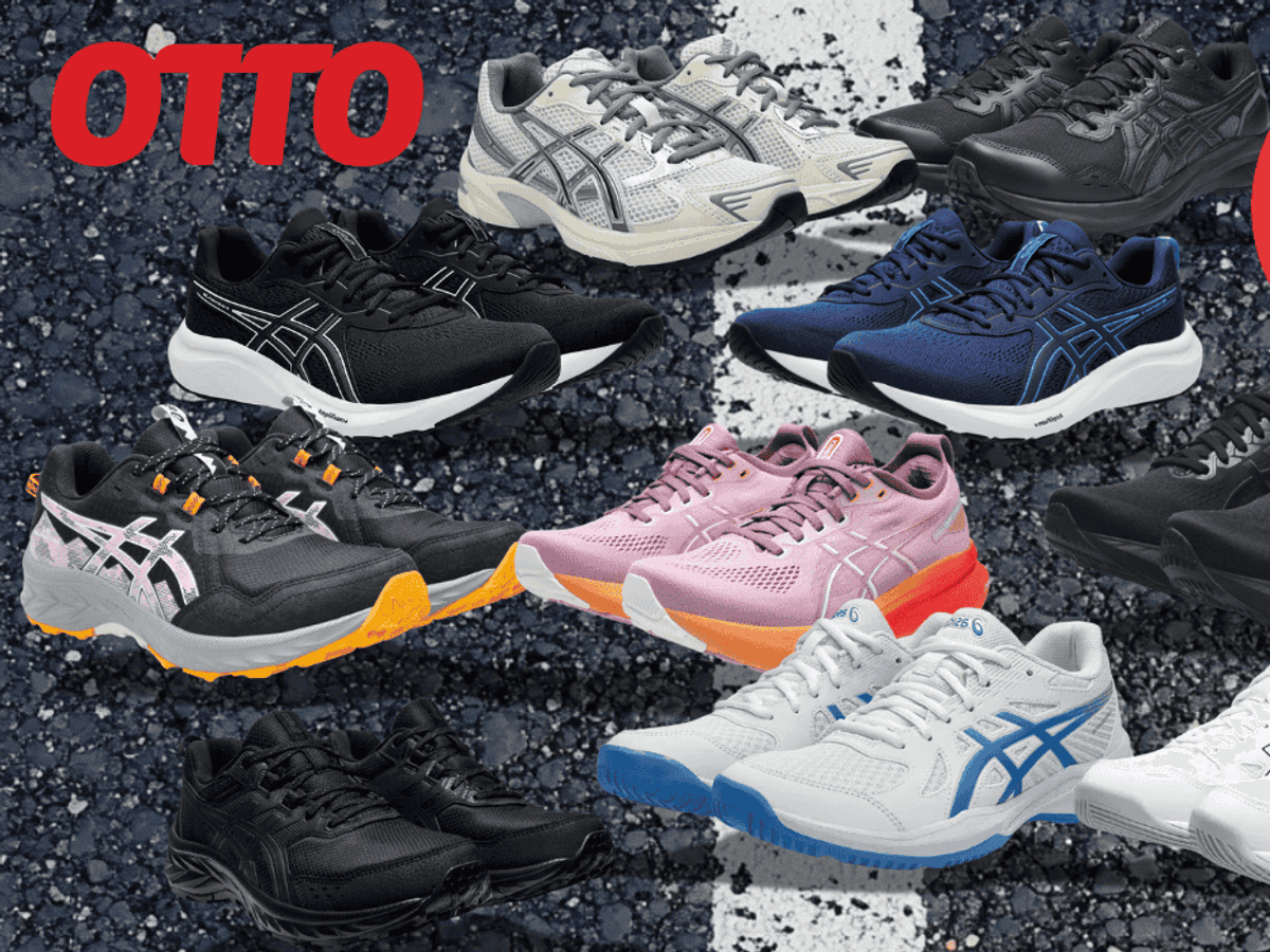Verschiedene ASICS Sneaker Modelle vor einem Asphalt Hintergrund.