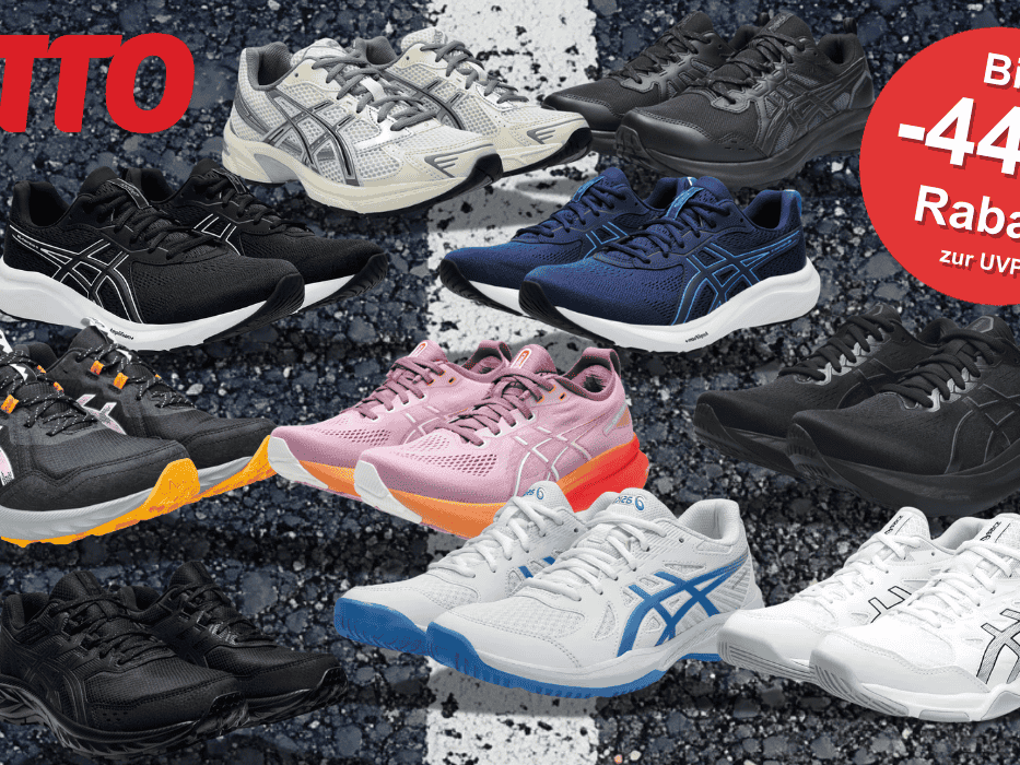 Verschiedene ASICS Sneaker Modelle vor einem Asphalt Hintergrund.