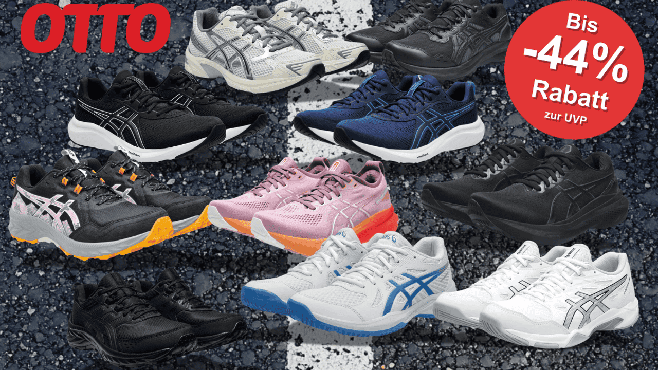 Verschiedene ASICS Sneaker Modelle vor einem Asphalt Hintergrund.