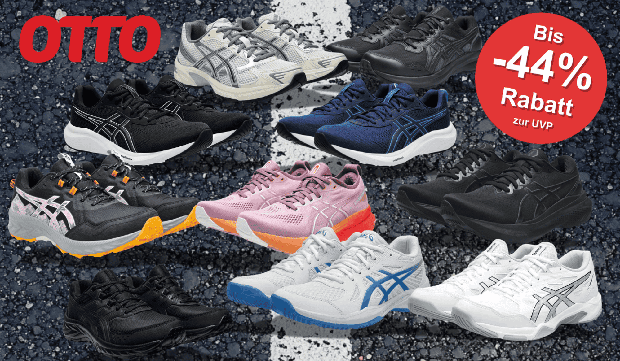 Verschiedene ASICS Sneaker Modelle vor einem Asphalt Hintergrund.