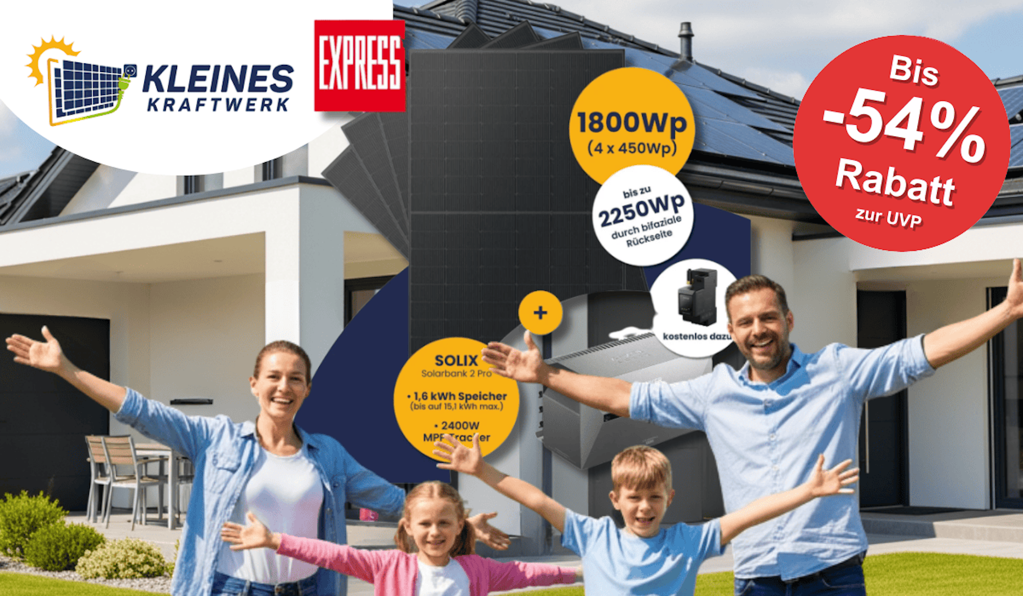 Der Kleines Kraftwerk EXPRESS Deal vor einer Familie und Haus.