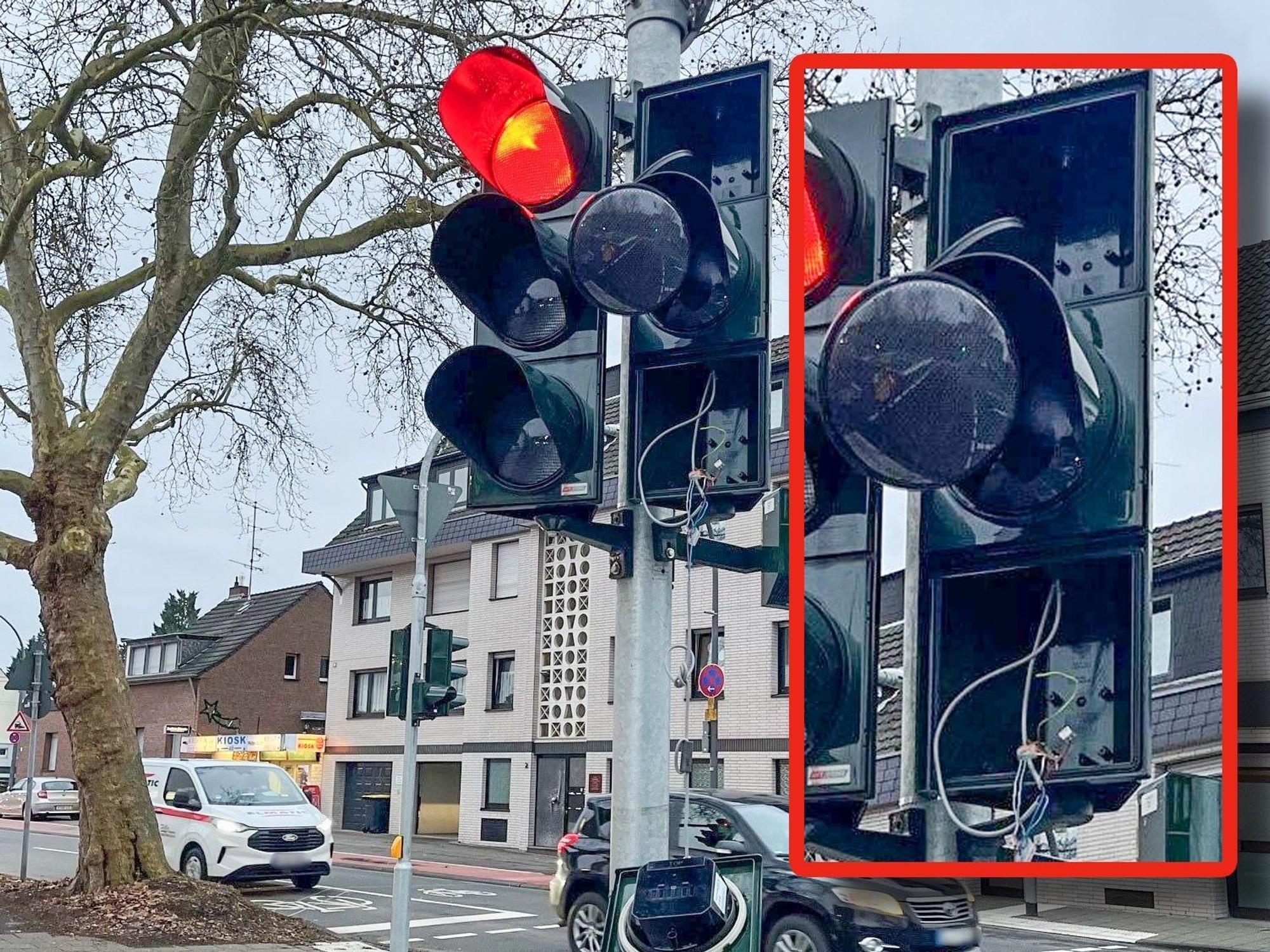 Die Ampel an der Tankstelle (Berliner Straße, Ecke Odenthaler Straße) in Köln-Dünnwald wird immer wieder angefahren.