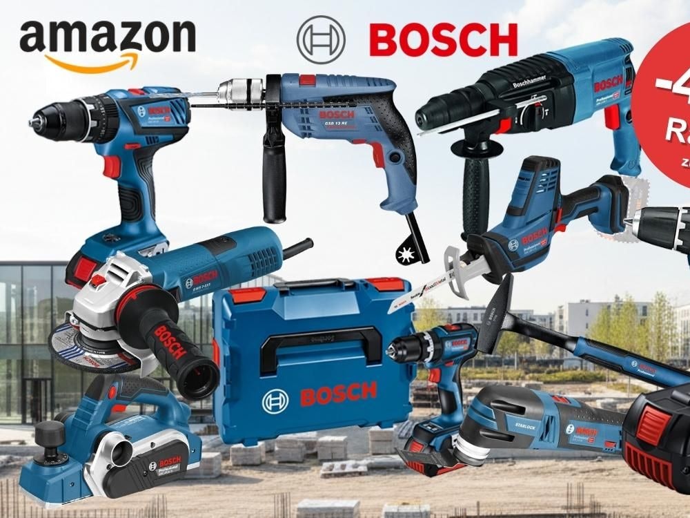 Bosch Professional Werkzeuge wie Schlagbohrmaschine, Winkelschleifer und Akku-Bohrschrauber vor einem Hintergrund einer Baustelle.