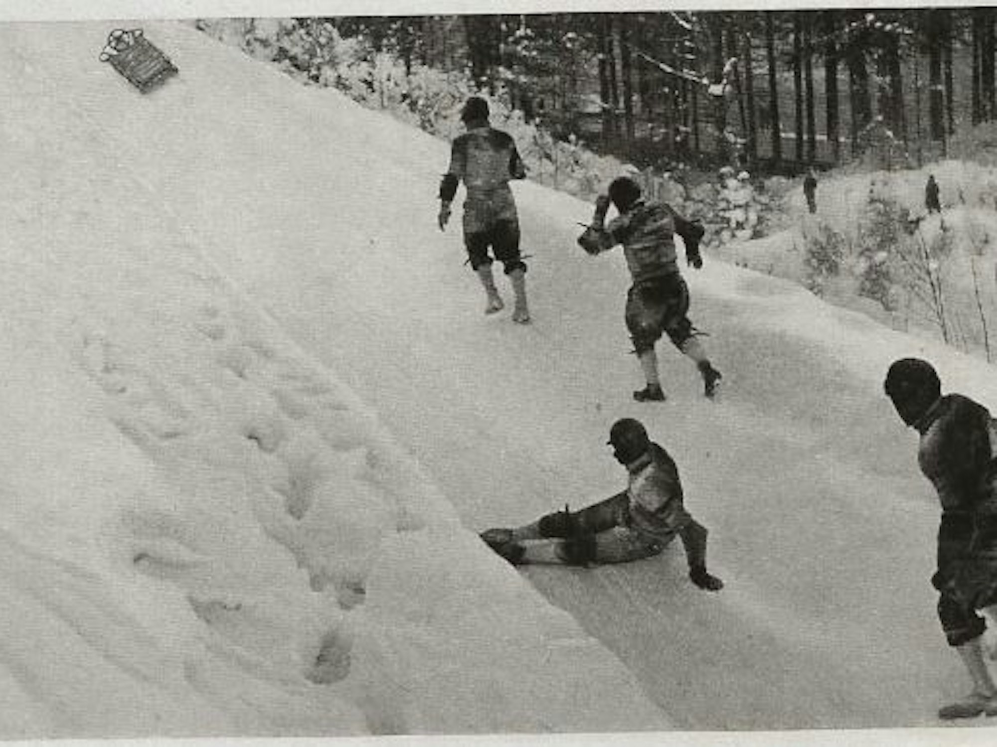 Bobfahrer schauen nach Sturz ihrem Schlitten hinterher.
