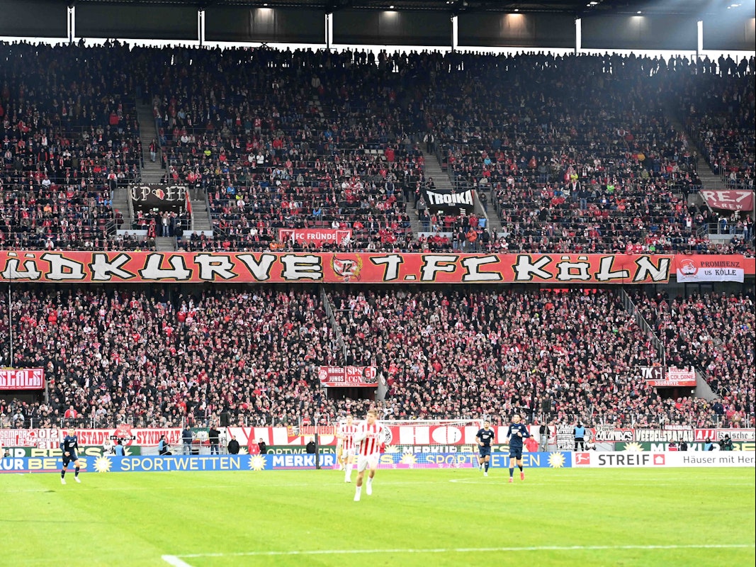 Fans des 1. FC Köln schauen im Stadion ein Spiel des Klubs.