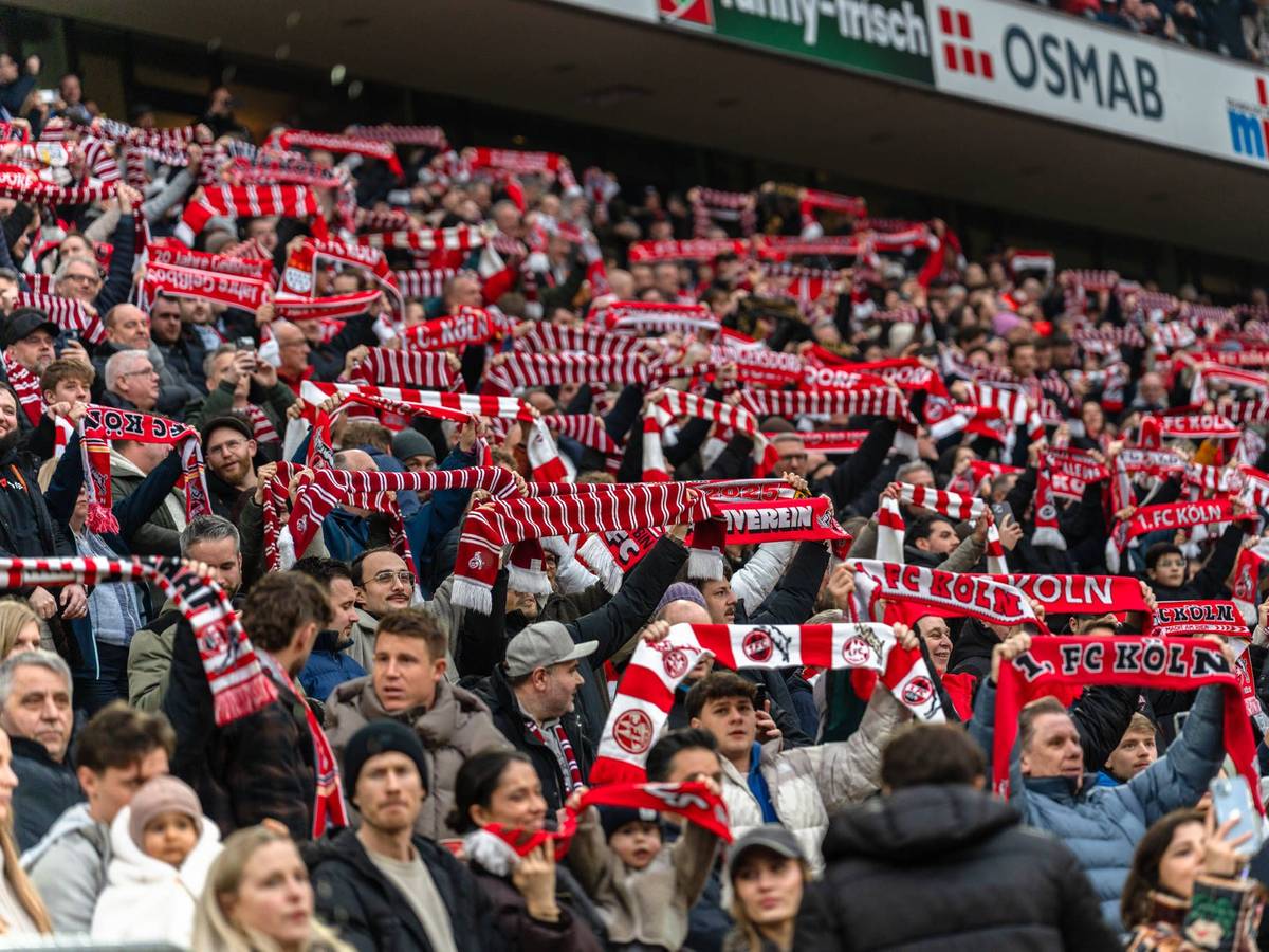 Kölner Fans im Rhein-Energie-Stadion mit Schals.