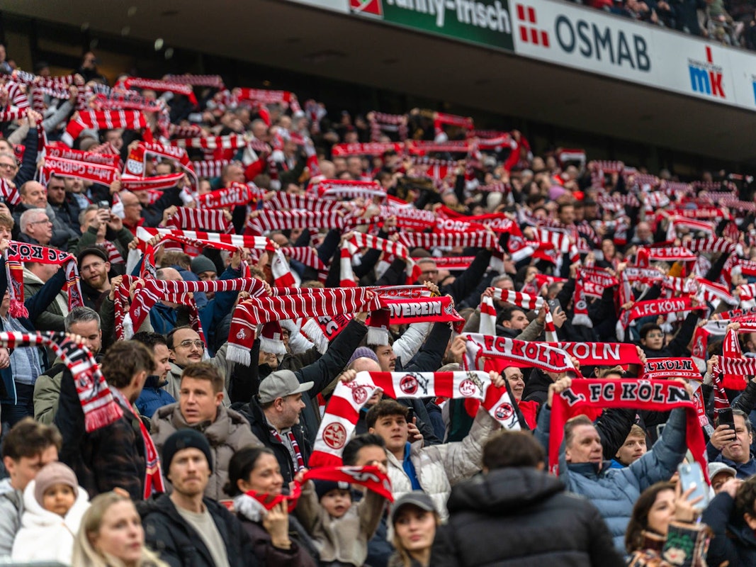 Kölner Fans im Rhein-Energie-Stadion mit Schals.