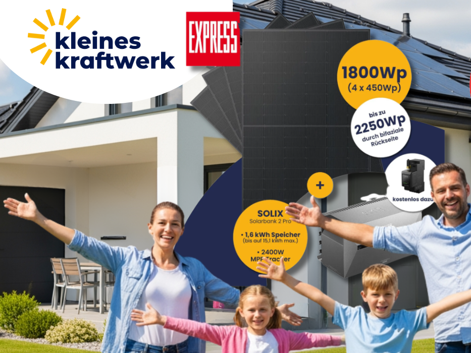 Der Kleines Kraftwerk EXPRESS Deal vor einer Familie und Haus.