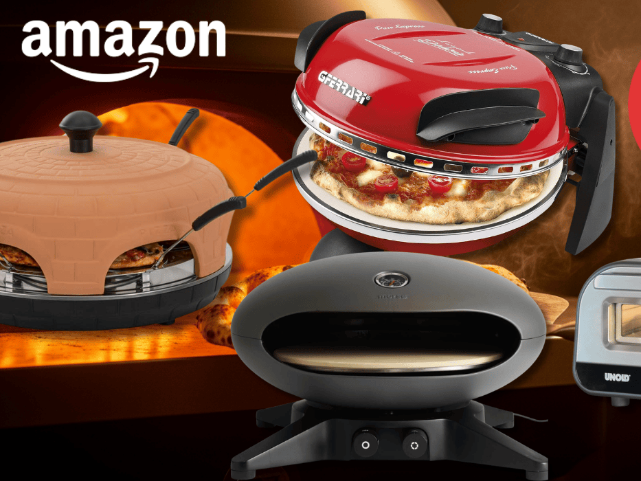 4 verschiedene Pizzaöfen vor einem Pizzaofen Hintergrund.