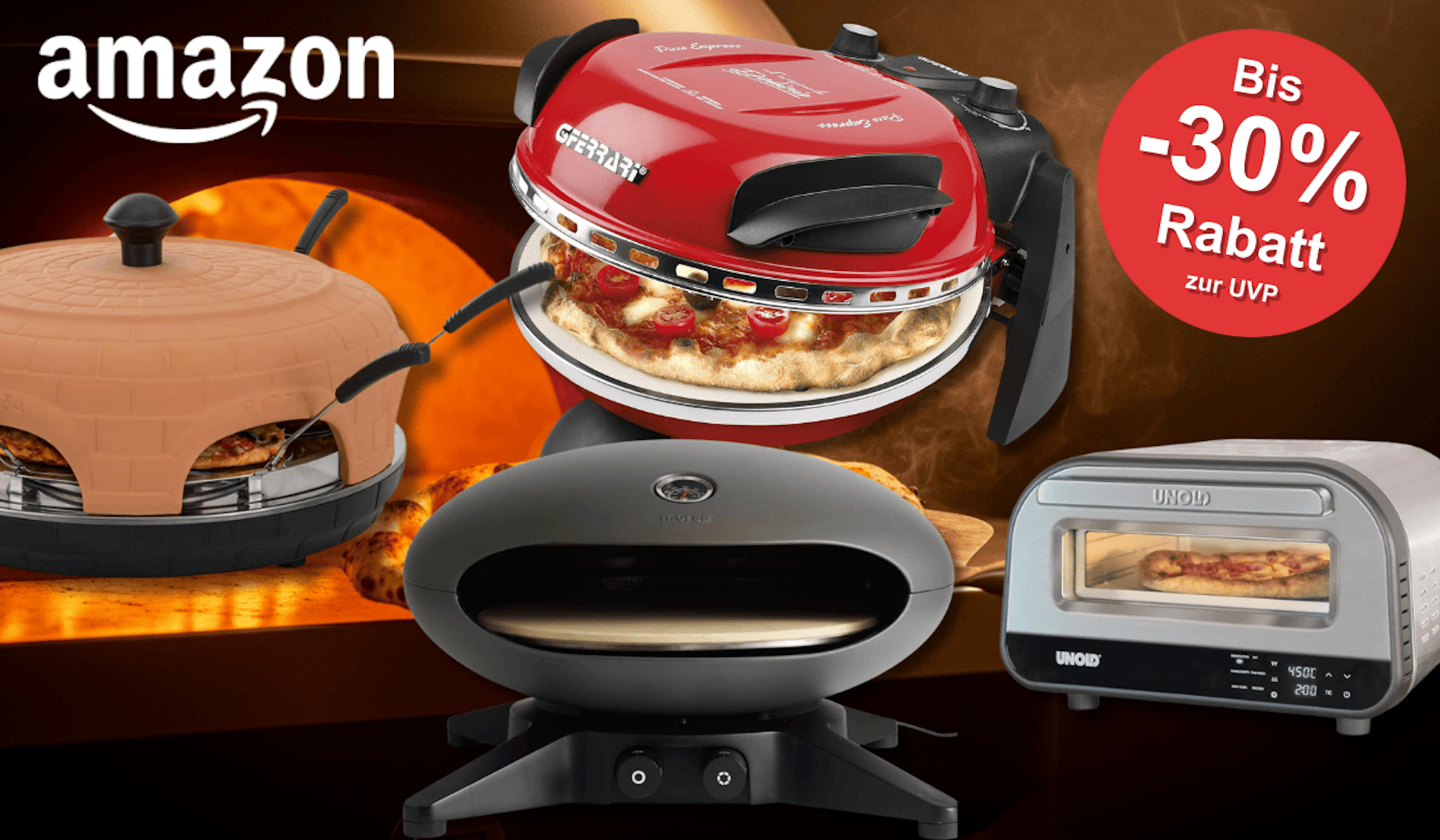 4 verschiedene Pizzaöfen vor einem Pizzaofen Hintergrund.