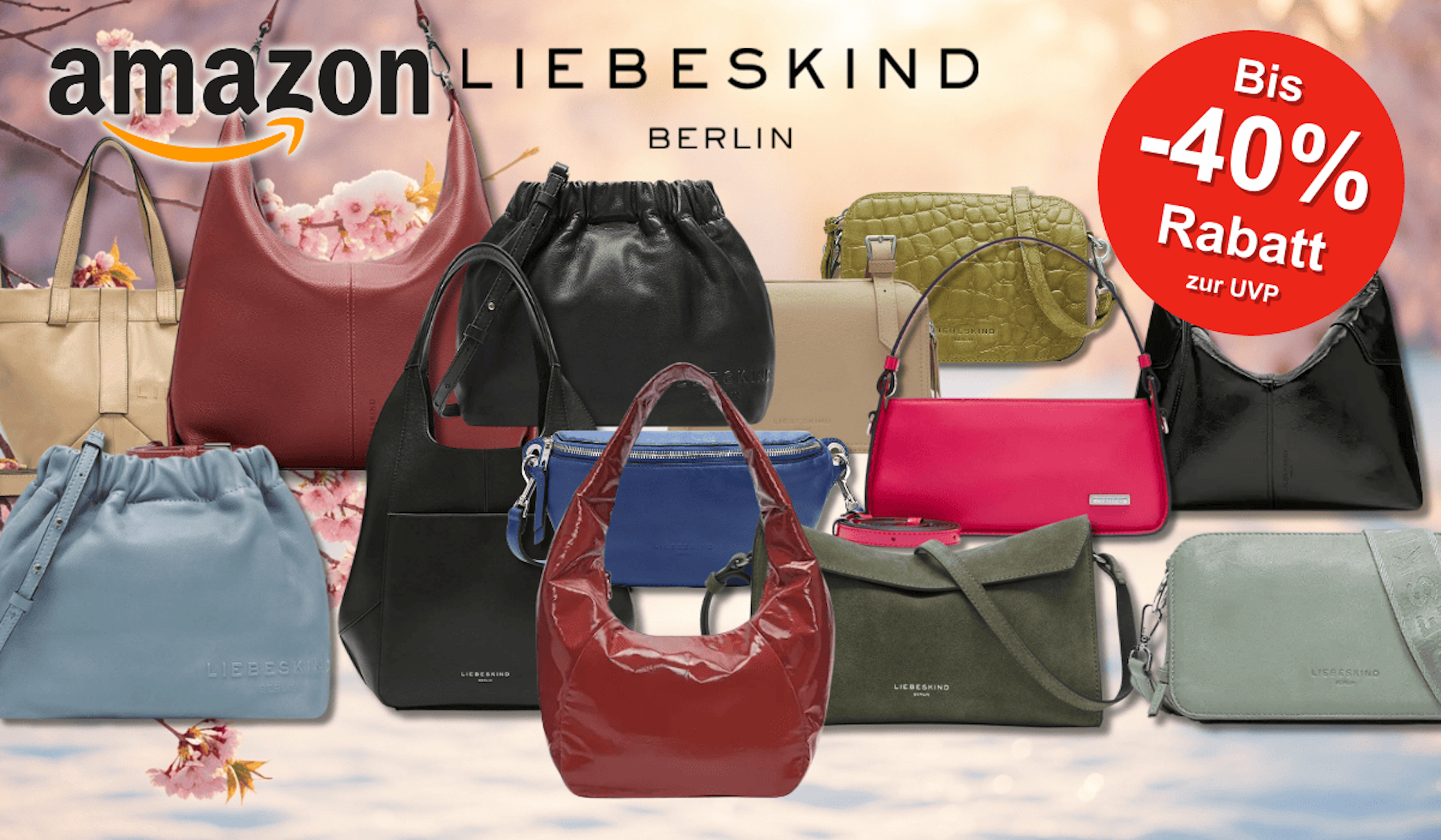 Darstellung verschiedener Liebeskind Berlin Handtaschen vor einem winterlichen Hintergrund.