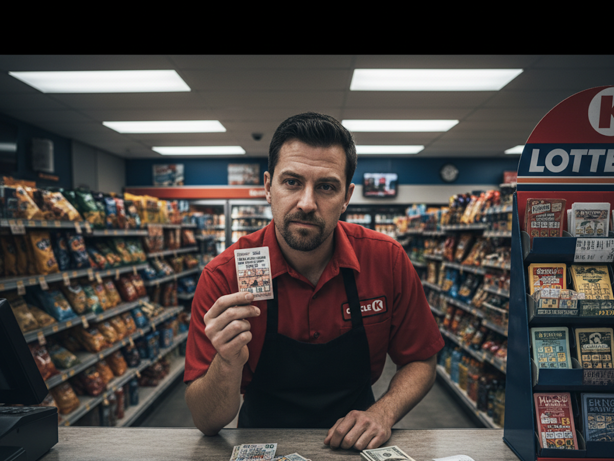 Das Symbolfoto zeigt einen Kassierer in seiner Arbeitskleidung hinter dem Tresen. In der Hand hält er einen Lottoschein.