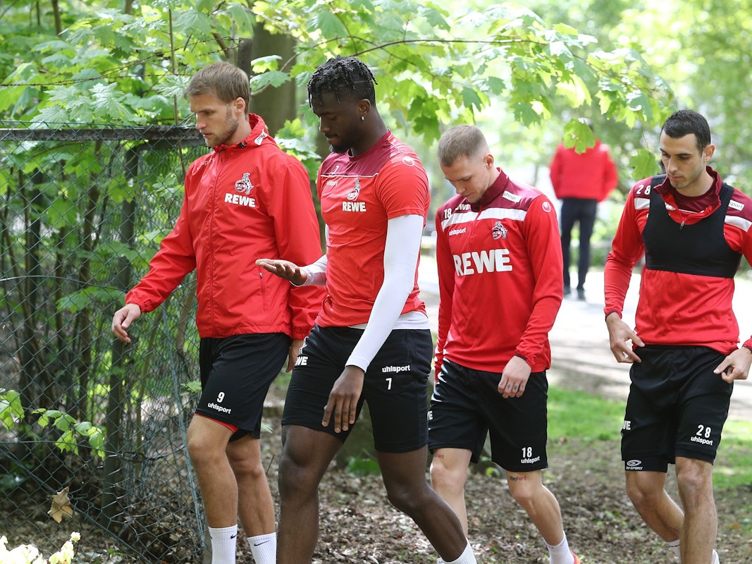 Profis des 1. FC Köln gehen durch den Stadtwald Richtung Trainingsplatz.