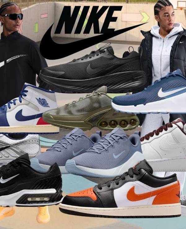 Nike Sneaker und Sportbekleidung, darunter Modelle wie Shox, Nike Air Jordan, Air Max, Air Force 1, Cortez sowie Jacken, Hoodies und Trainingsanzüge vor einem Hintergrund eines städtischen Sportplatzes.