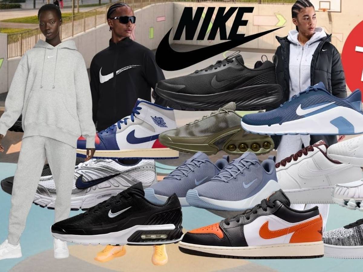 Nike Sneaker und Sportbekleidung, darunter Modelle wie Shox, Nike Air Jordan, Air Max, Air Force 1, Cortez sowie Jacken, Hoodies und Trainingsanzüge vor einem Hintergrund eines städtischen Sportplatzes.